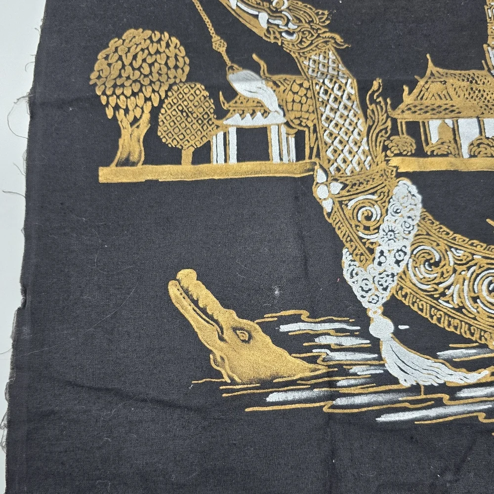 Vintage Thai Silk Scarf Panel Gold Temple Boat Scene Black 20x18